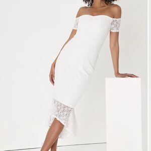Lulus Definition of Gorgeous Ivory Lace Off-the-Shoulder Midi Dress